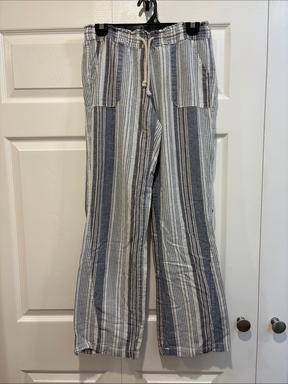 April Kiss Striped Drawstring Pants Wide Leg Blue White Women's M